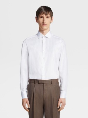 White / Dark Grey Zegna Structured Striped Trecapi Cotton Shirt | YUIDEZW-62