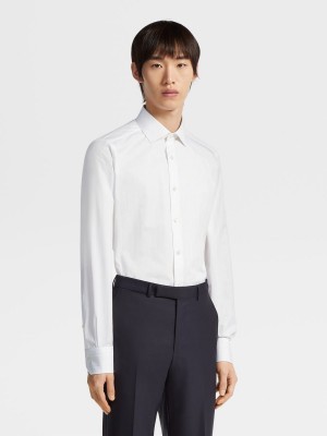 White / Navy Blue / Light Blue Zegna Trecapi Cotton Structured Striped Shirt | QZYKUXB-31