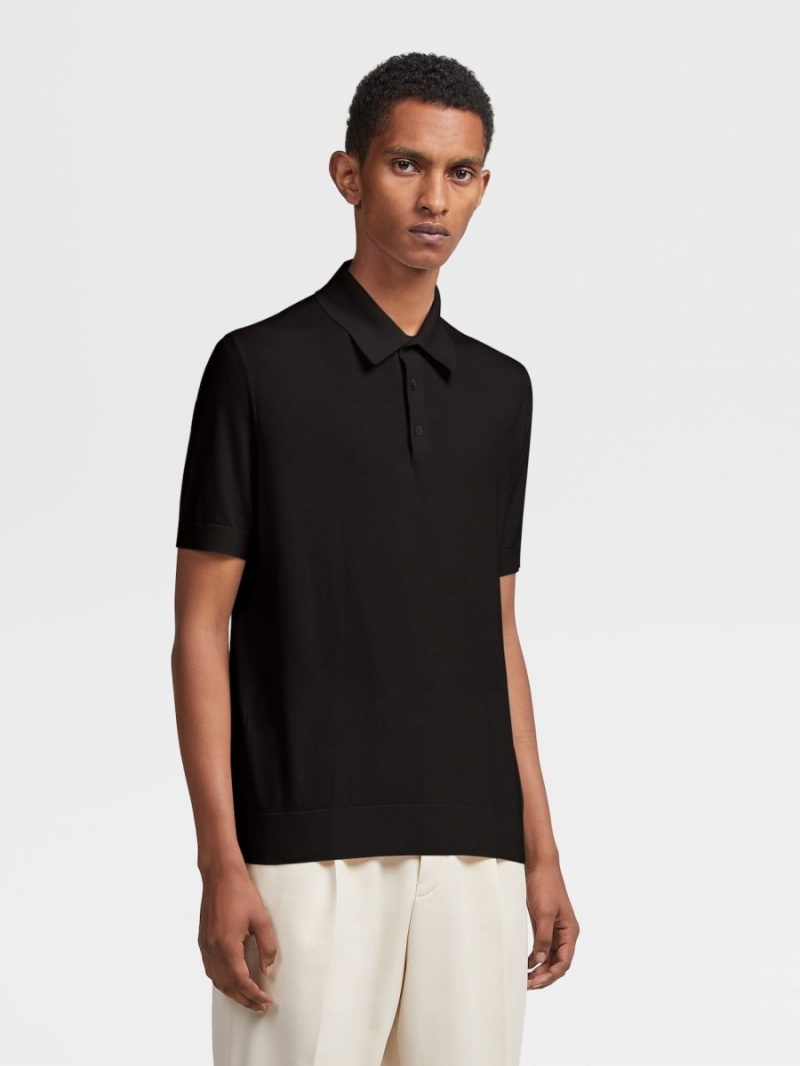 Black Zegna Baby Island Cotton And Cashmere Knit Short-sleeve Polo | YICMKGF-35