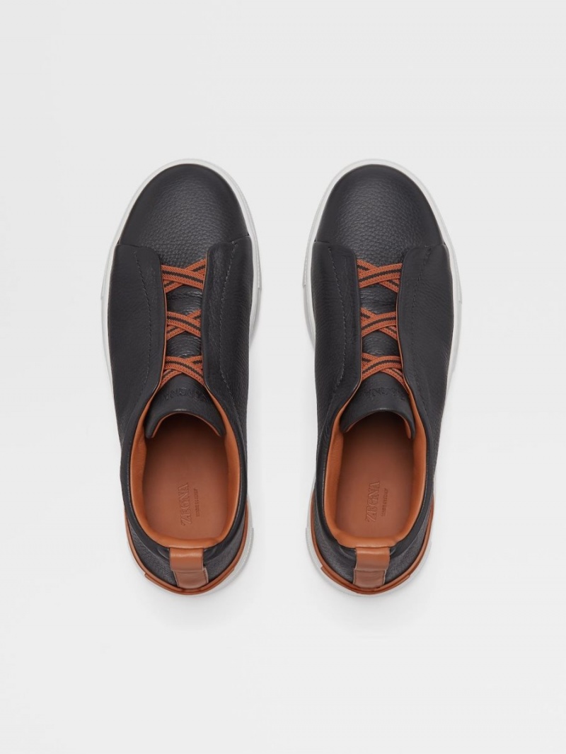 Black Zegna Deerskin Triple Stitch Sneakers | MYGECSQ-08