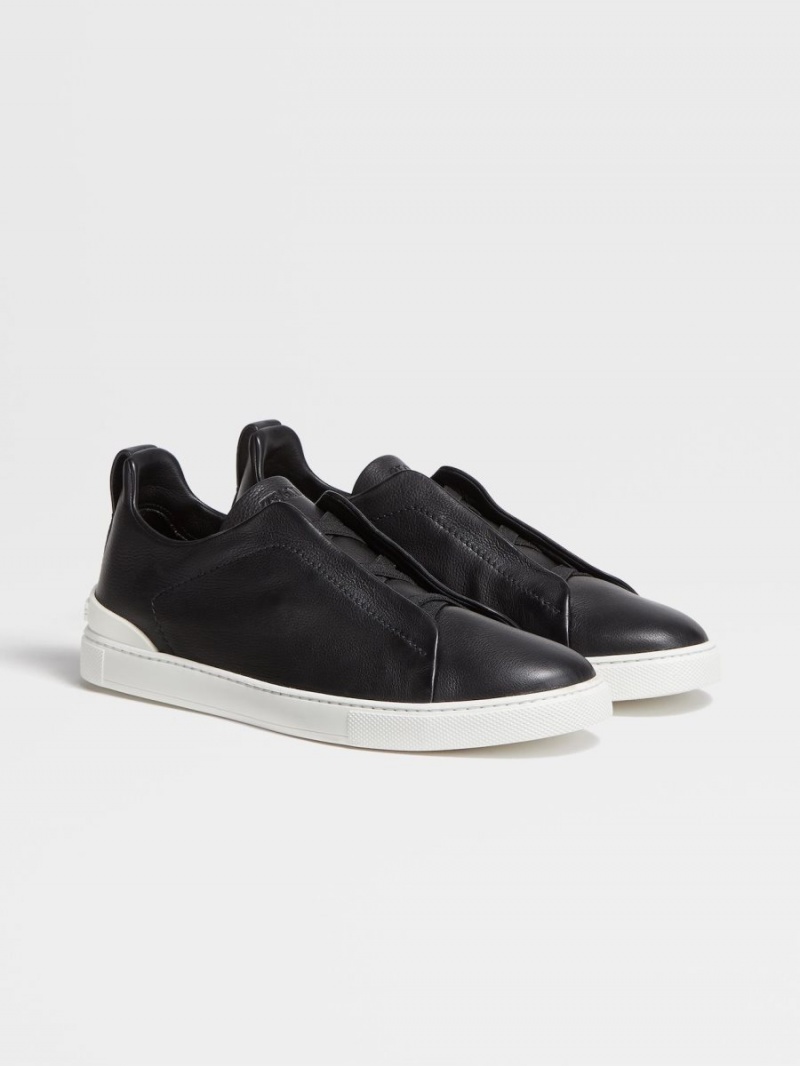 Black Zegna Leather Triple Stitch Sneakers | ZUPBINR-05