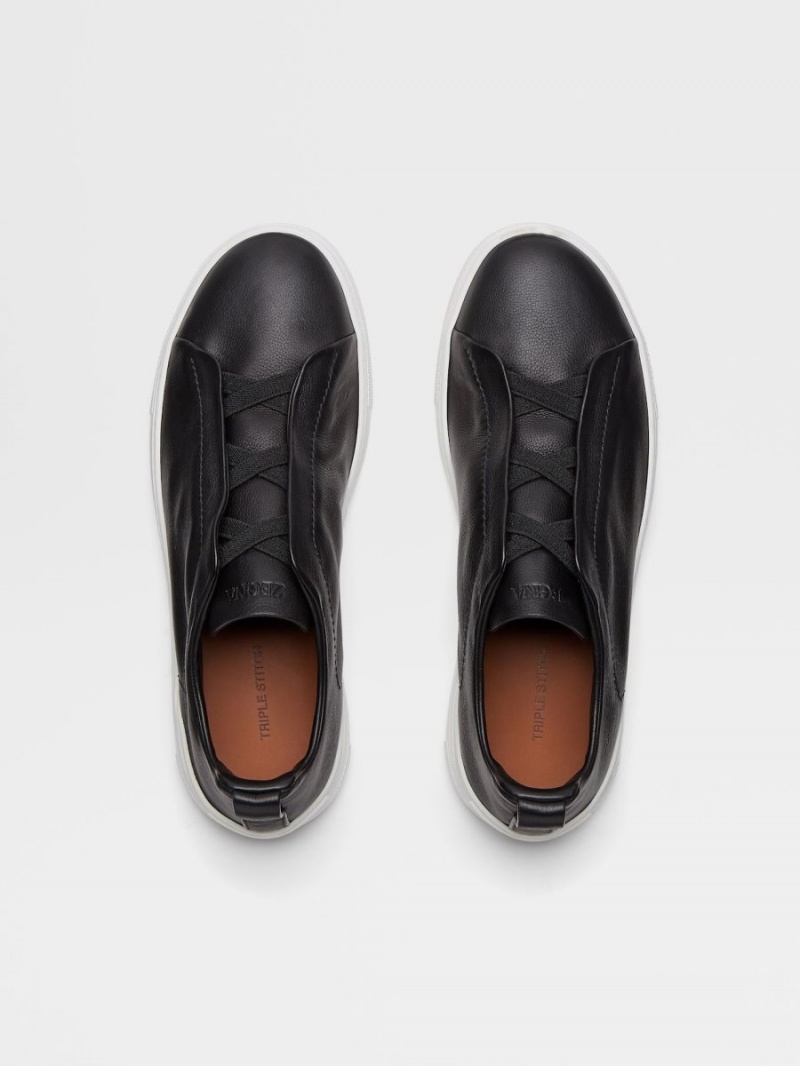 Black Zegna Leather Triple Stitch Sneakers | ZUPBINR-05