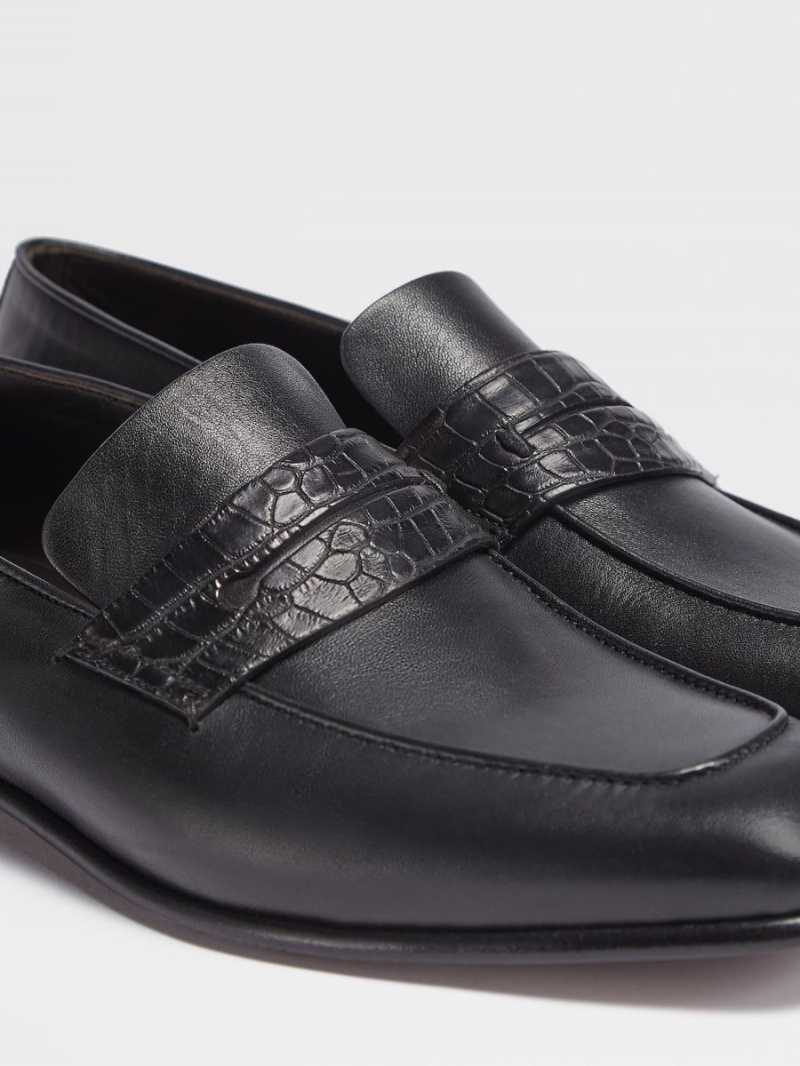 Black Zegna Nappa And Alligator L'Asola Loafers | JLDHKVY-27