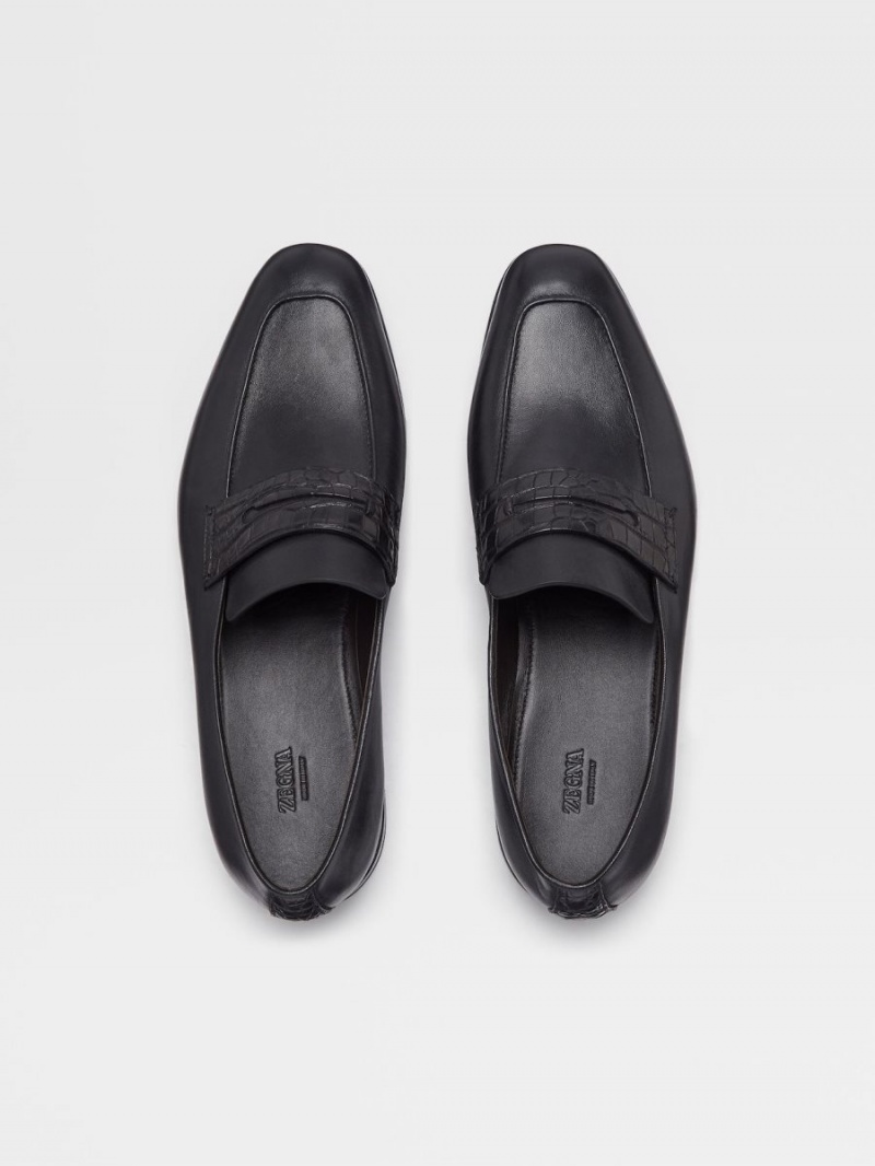 Black Zegna Nappa And Alligator L'Asola Loafers | JLDHKVY-27