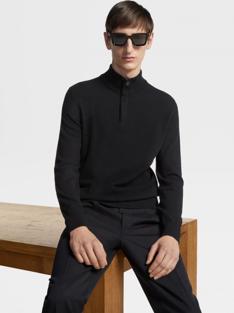 Black Zegna Oasi Cashmere Zip Mock Neck Sweater | CQIPESR-18