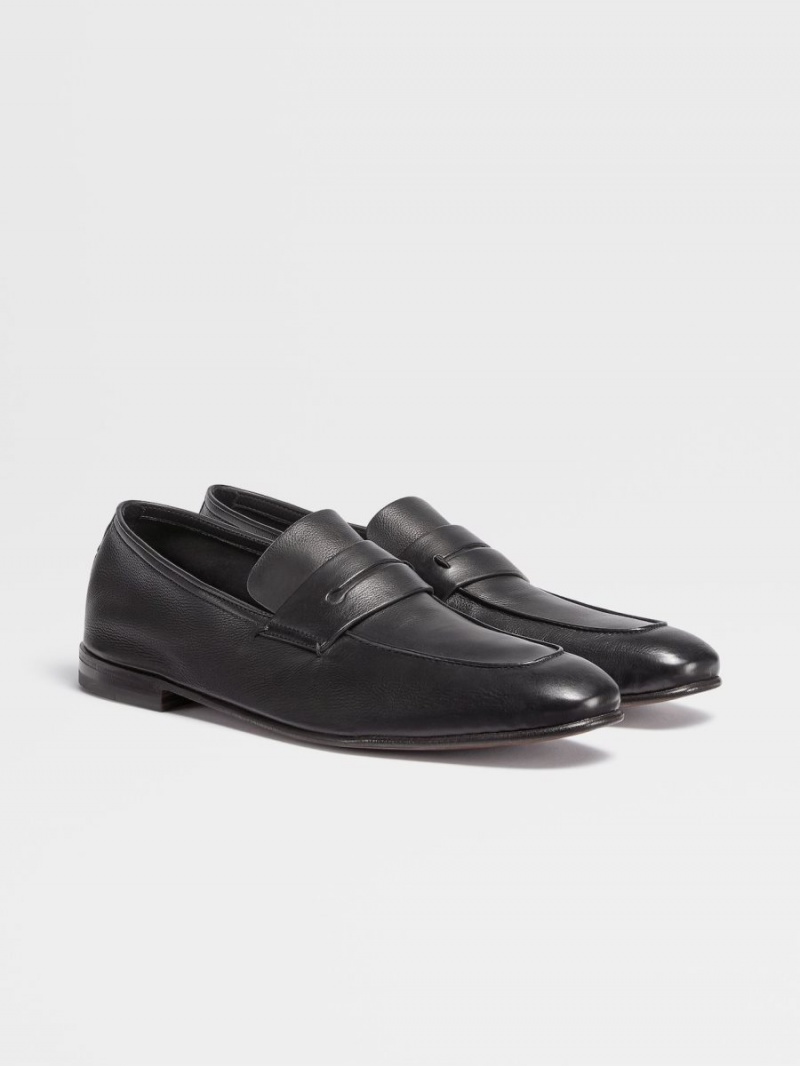 Black Zegna Soft Leather L'Asola Loafers | XMKYUOJ-76