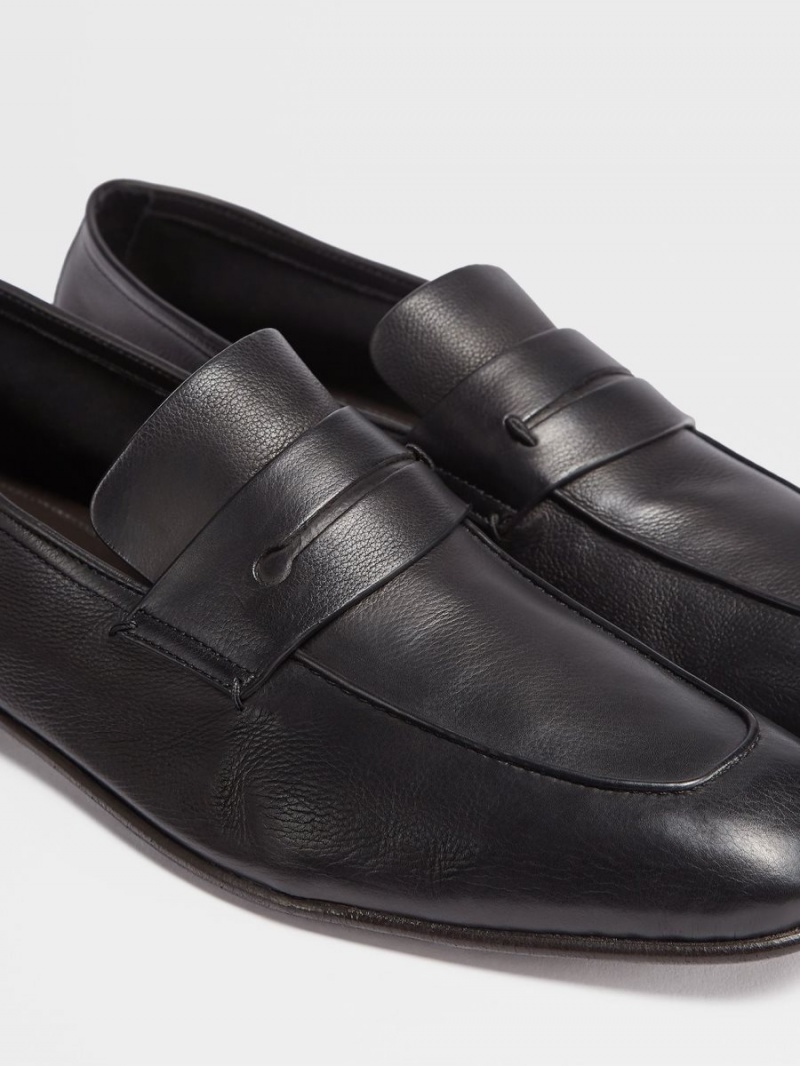 Black Zegna Soft Leather L'Asola Loafers | XMKYUOJ-76