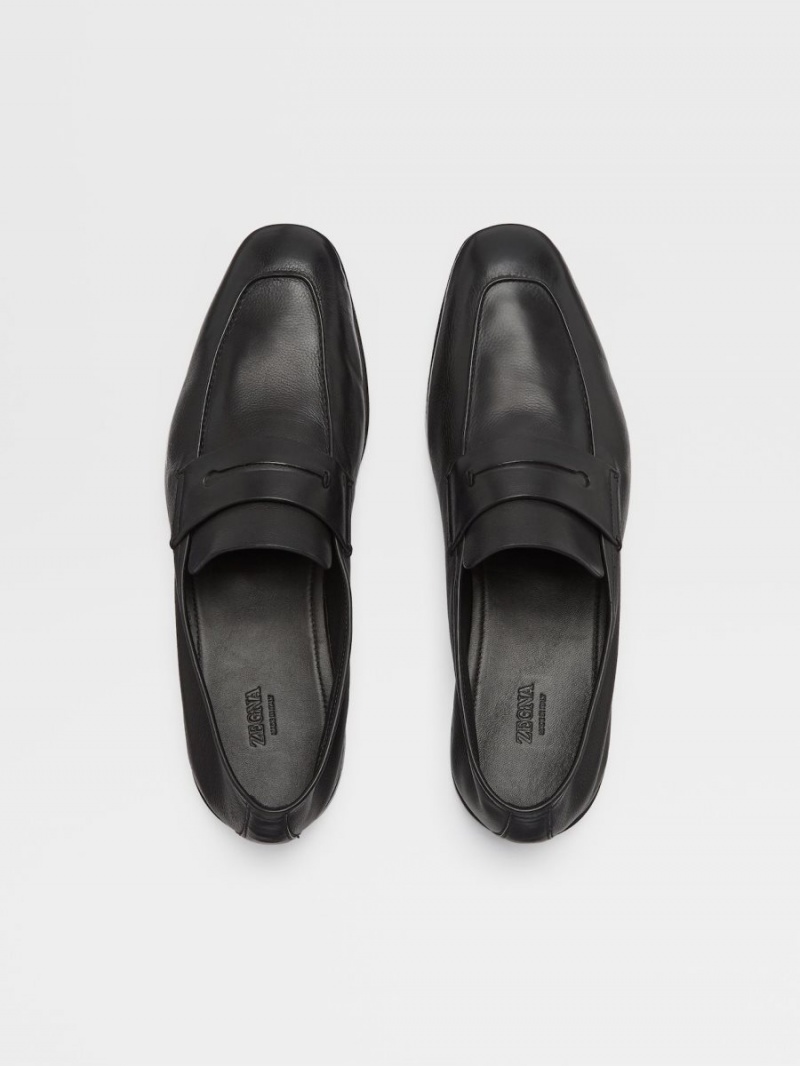 Black Zegna Soft Leather L'Asola Loafers | XMKYUOJ-76