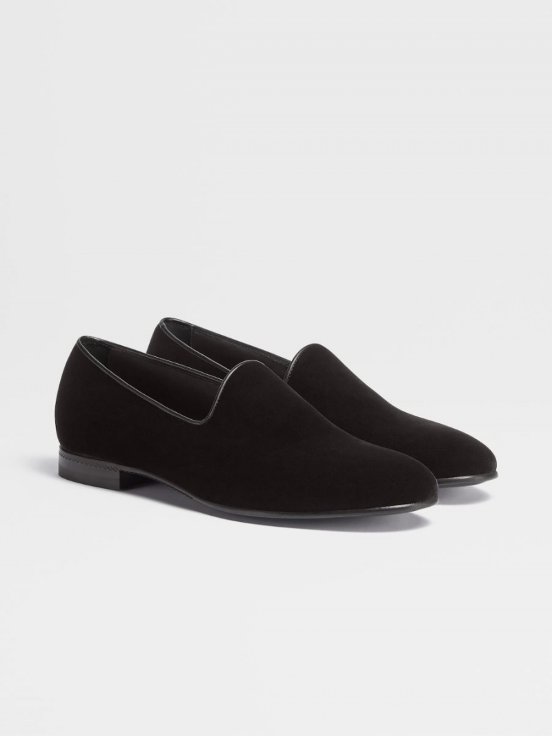 Black Zegna Velvet Palermo Slip On Loafers | JGTDYSL-06