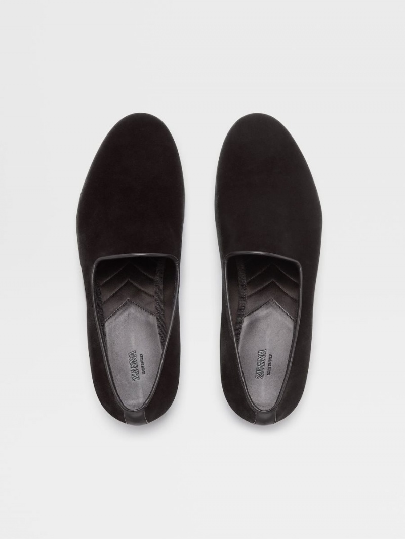 Black Zegna Velvet Palermo Slip On Loafers | JGTDYSL-06