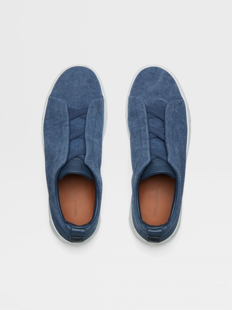 Blue Zegna Canvas Triple Stitch Low Top Sneakers | DYVFIQM-76