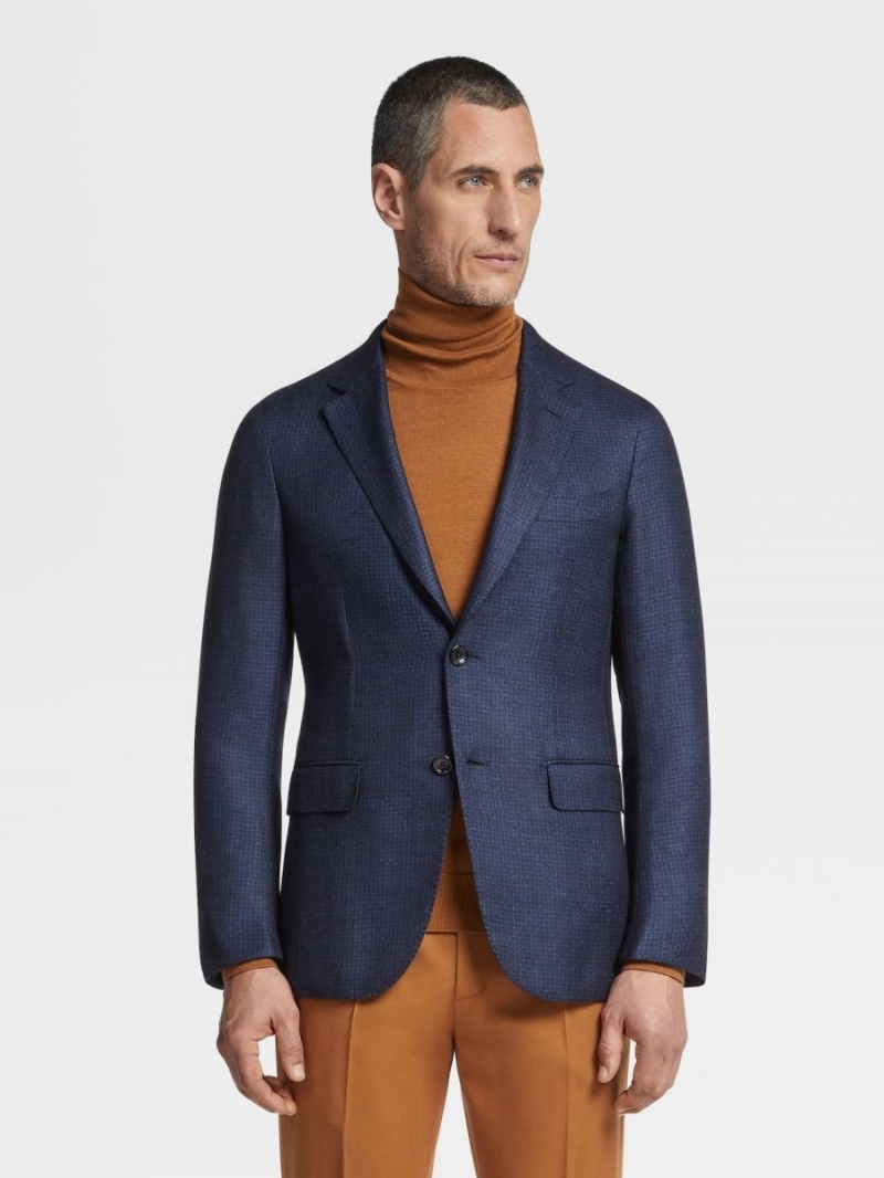 Blue / Navy Blue Zegna Cashmere Silk Cardigan Jacket | DACOUMF-16