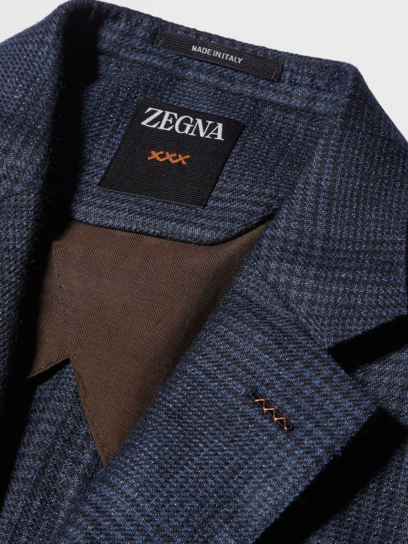 Blue / Navy Blue Zegna Prince Of Wales Cashmere Silk Jacket | SIVUAME-78