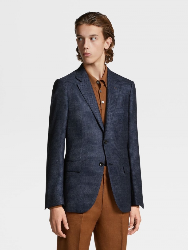 Blue / Navy Blue Zegna Prince Of Wales Cashmere Silk Jacket | SIVUAME-78