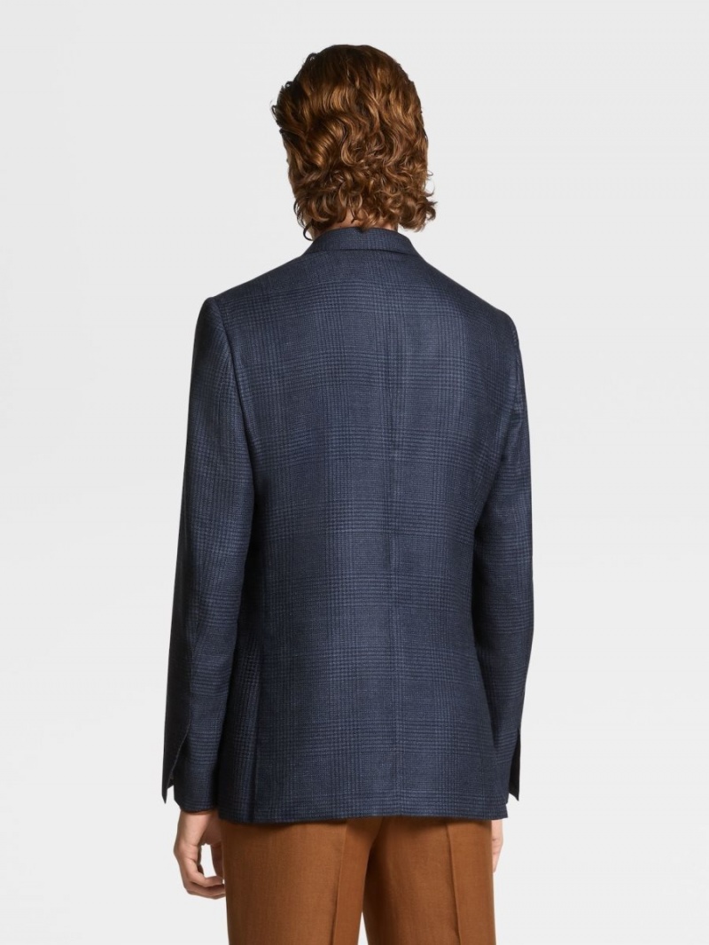 Blue / Navy Blue Zegna Prince Of Wales Cashmere Silk Jacket | SIVUAME-78