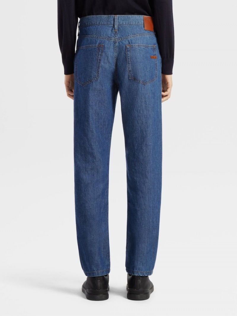 Dark Blue Zegna Bleached Cotton And Linen Roccia Jeans | WCNITBY-01