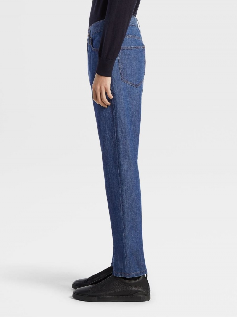 Dark Blue Zegna Bleached Cotton And Linen Roccia Jeans | WCNITBY-01