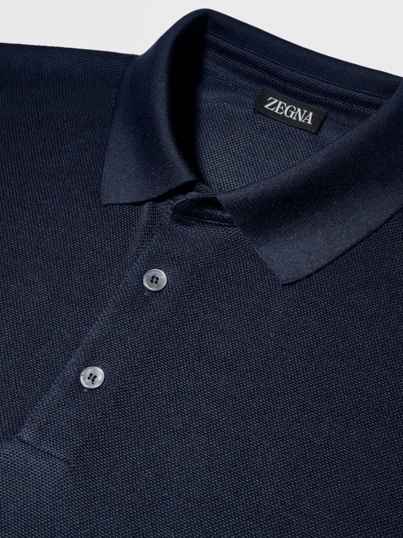 Dark Blue Zegna Silk Short-sleeve Polo | XVBYCGQ-23