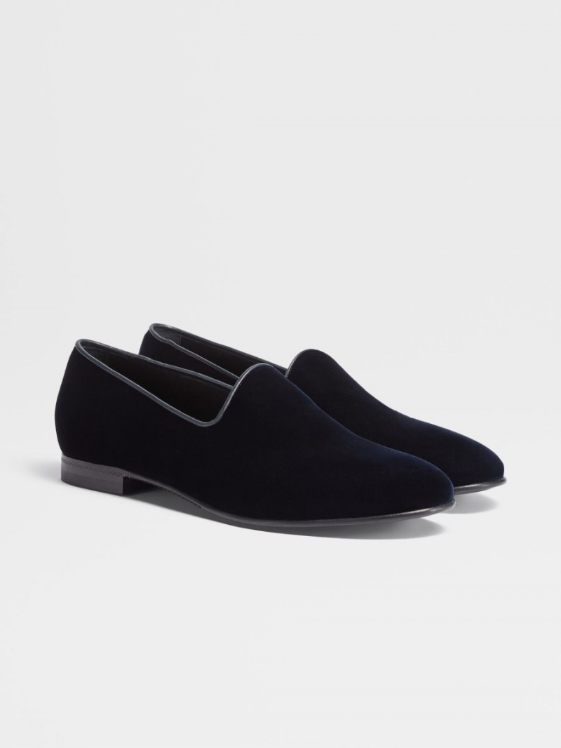 Dark Blue Zegna Velvet Palermo Slip On Loafers | YZLJORI-63