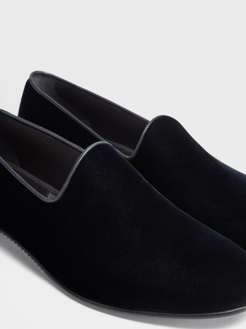 Dark Blue Zegna Velvet Palermo Slip On Loafers | YZLJORI-63