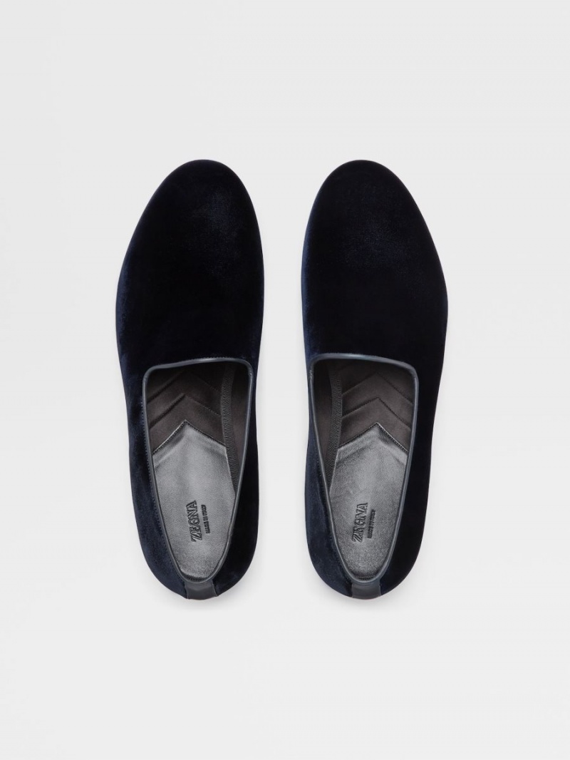 Dark Blue Zegna Velvet Palermo Slip On Loafers | YZLJORI-63