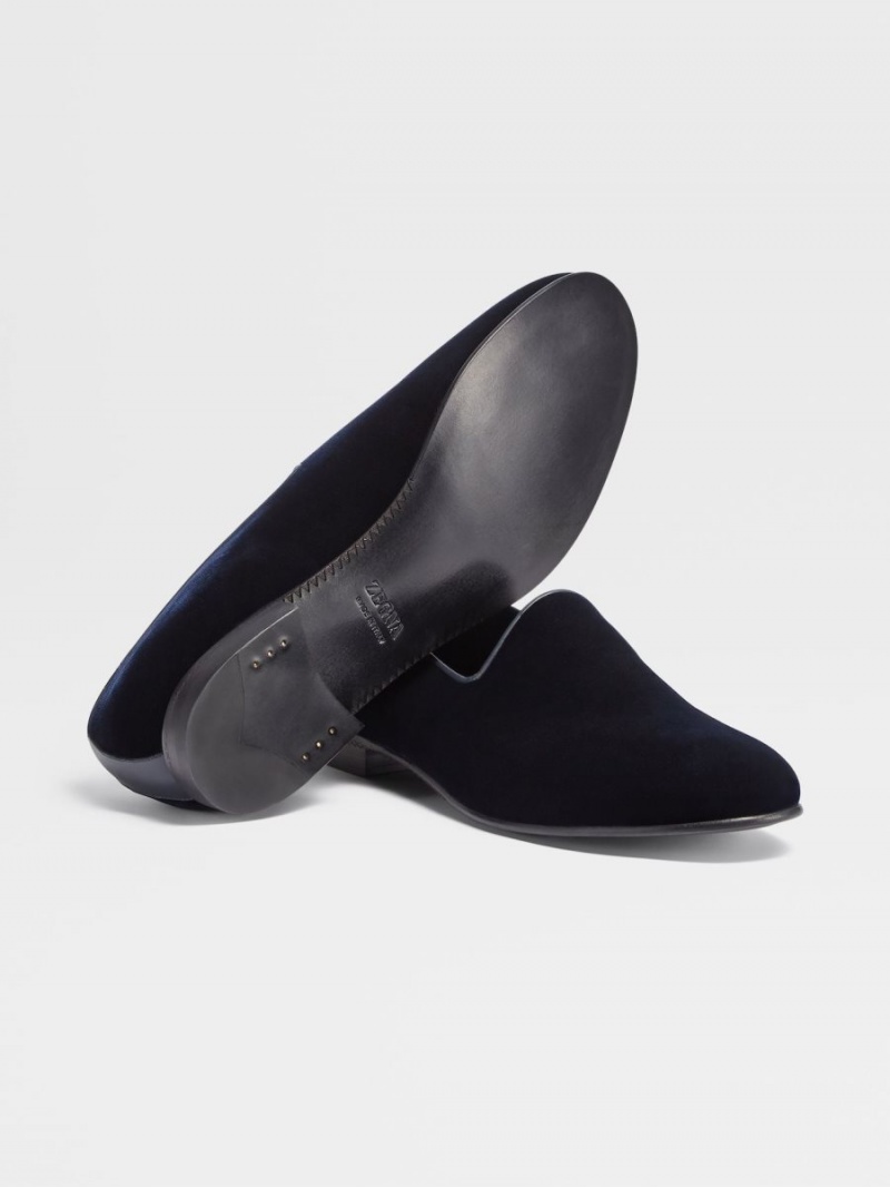 Dark Blue Zegna Velvet Palermo Slip On Loafers | YZLJORI-63