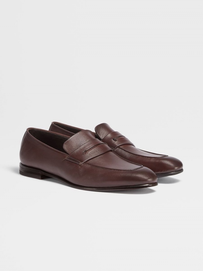 Dark Brown Zegna Leather L'Asola Loafers | HQPWZXV-46