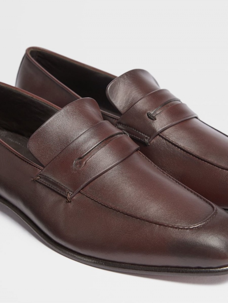 Dark Brown Zegna Leather L'Asola Loafers | HQPWZXV-46