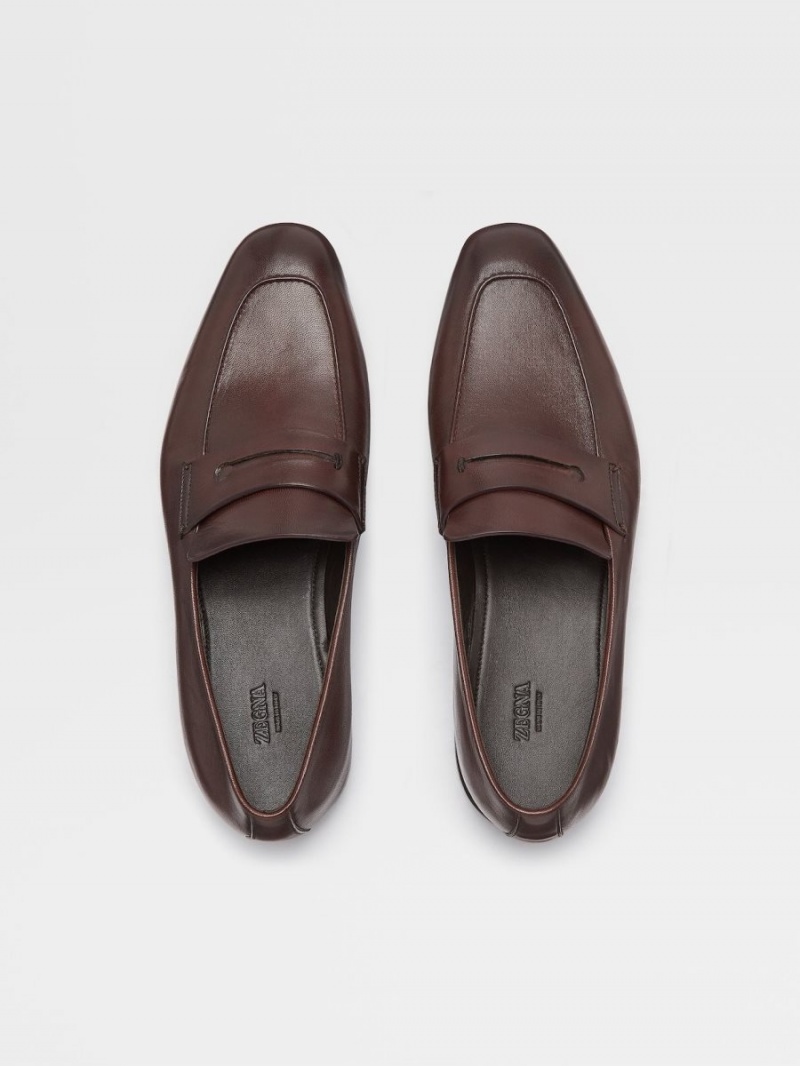 Dark Brown Zegna Leather L'Asola Loafers | HQPWZXV-46