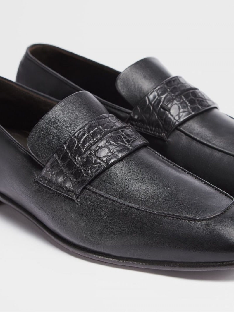 Dark Brown Zegna Nappa And Alligator L'Asola Loafers | ALHMKQU-14