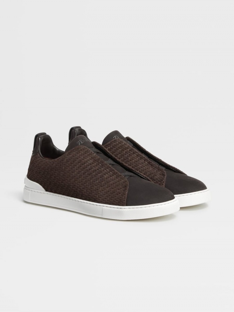 Dark Brown Zegna Pelletessuta Nubuck Triple Stitch Sneakers | OWFAYNG-32