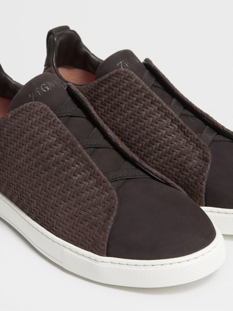 Dark Brown Zegna Pelletessuta Nubuck Triple Stitch Sneakers | OWFAYNG-32