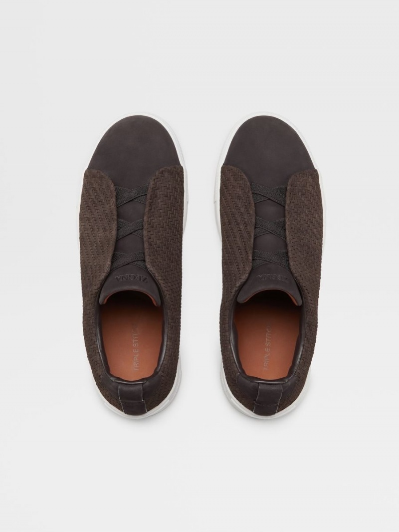 Dark Brown Zegna Pelletessuta Nubuck Triple Stitch Sneakers | OWFAYNG-32