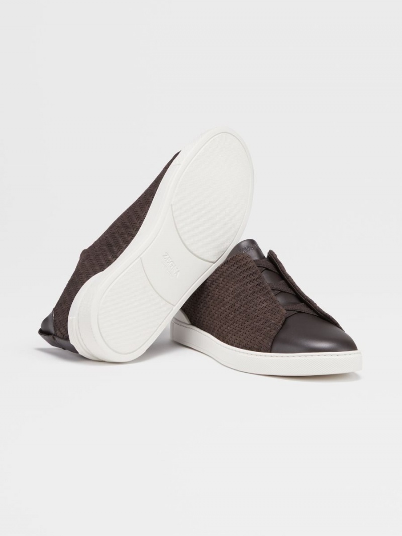 Dark Brown Zegna Pelletessuta Nubuck Triple Stitch Sneakers | OWFAYNG-32