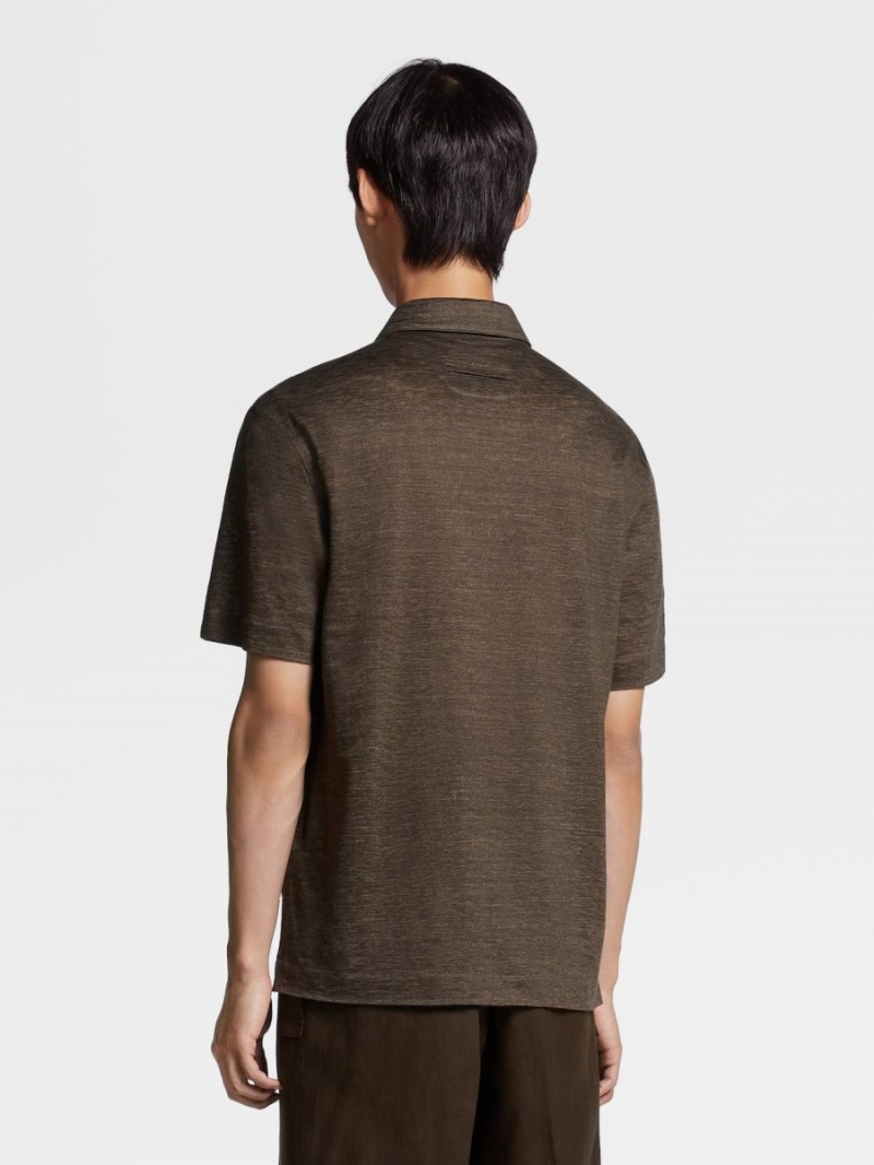 Dark Brown Zegna Pure Linen Short-sleeve Polo | MPUIEZN-14