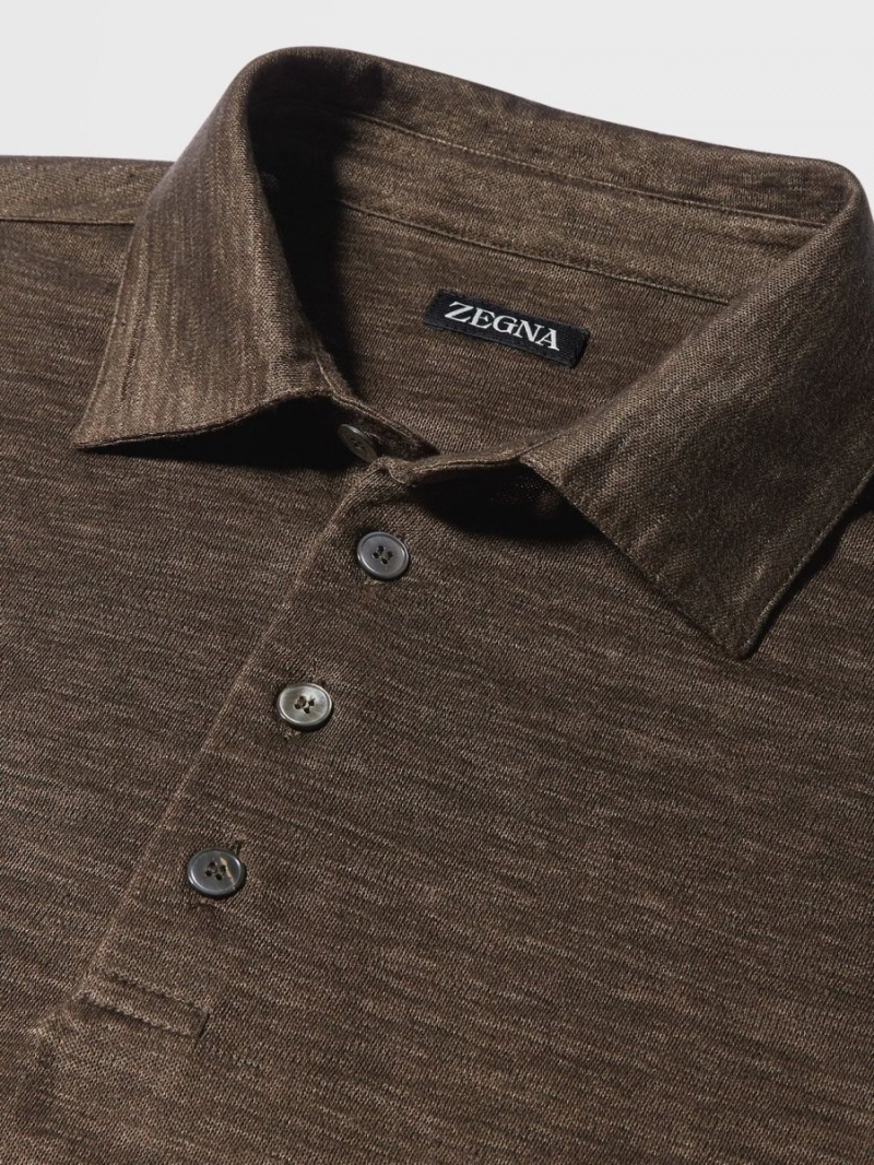 Dark Brown Zegna Pure Linen Short-sleeve Polo | MPUIEZN-14