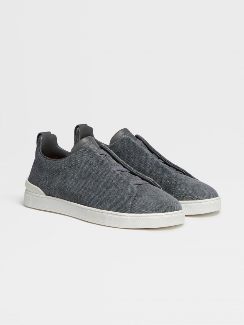 Dark Grey Brown Zegna Canvas Triple Stitch Low Top Sneakers | XGUKAEQ-42