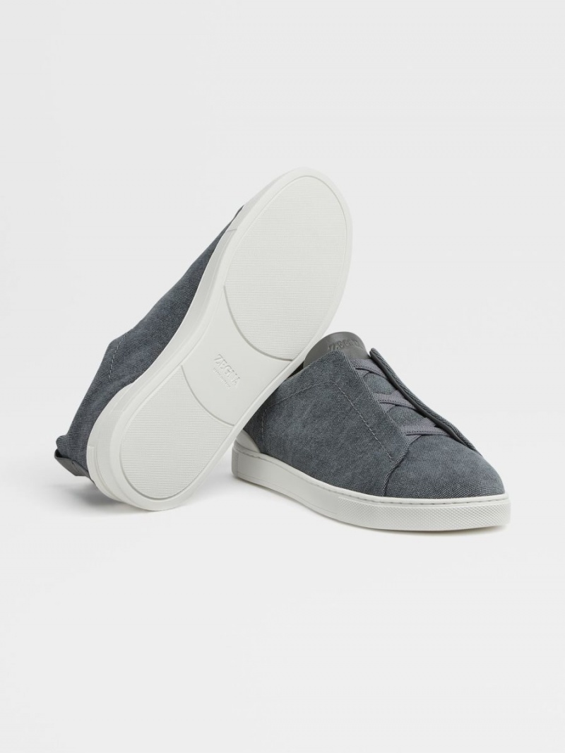 Dark Grey Brown Zegna Canvas Triple Stitch Low Top Sneakers | XGUKAEQ-42