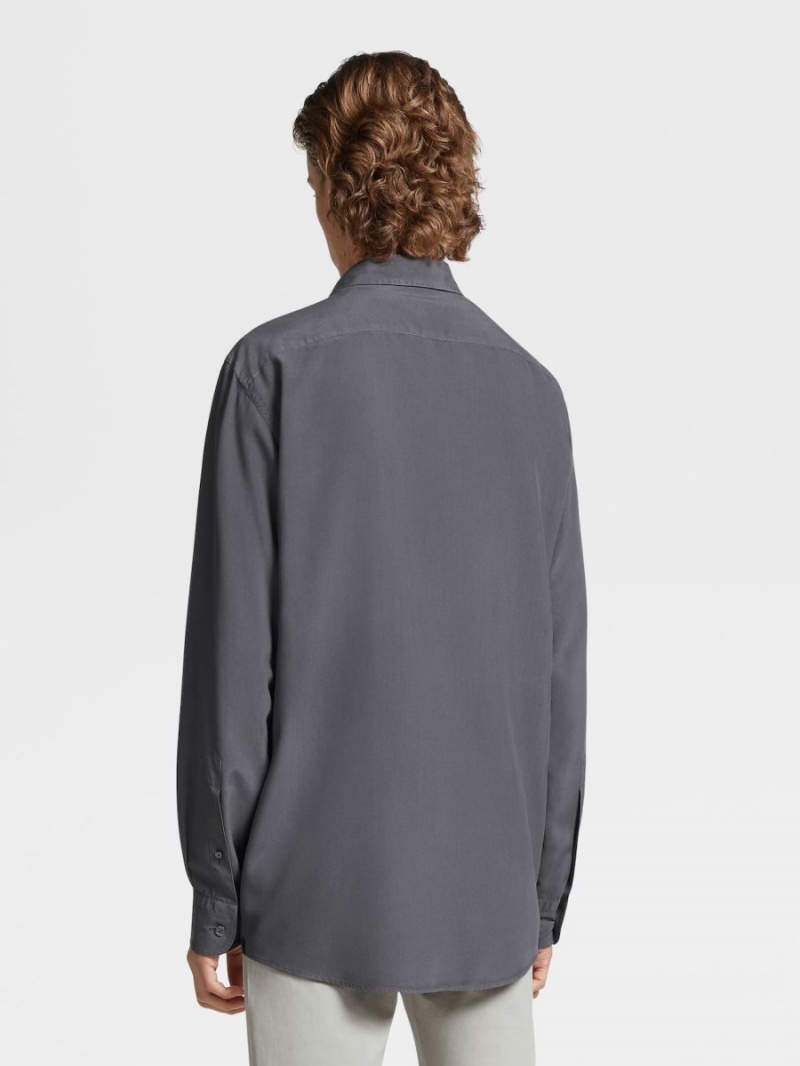 Dark Grey Zegna Garment Dyed Pure Silk Long-sleeve Shirt | SIZQMTR-98