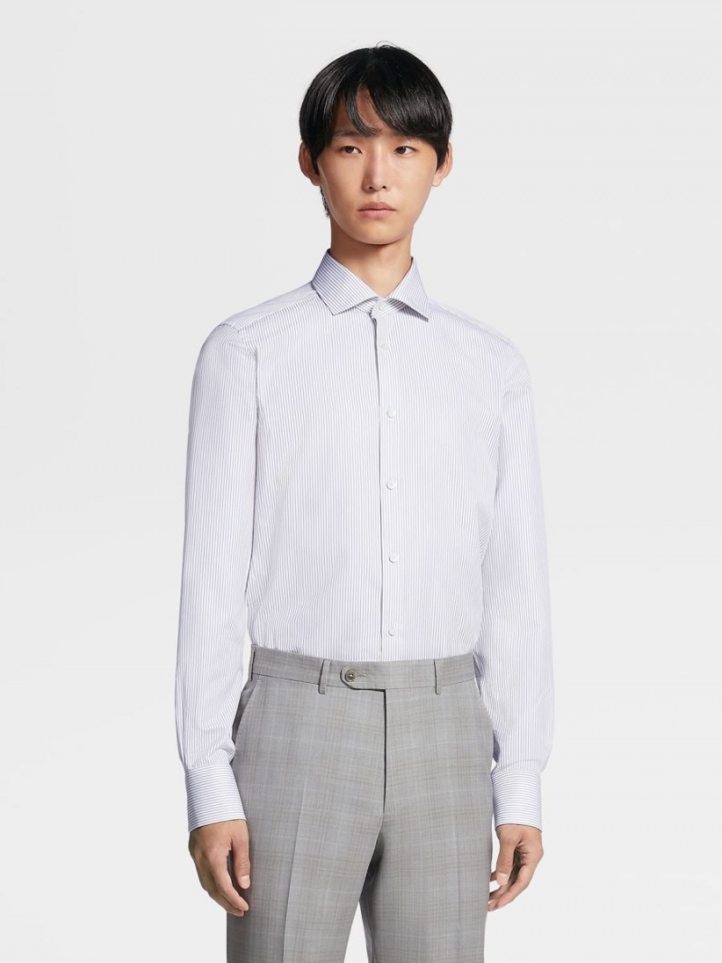 Dark Grey / White Zegna Micro-striped Trecapi Cotton Shirt | KDBJWZF-74