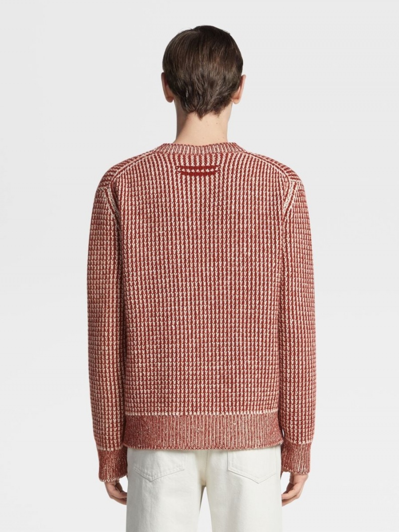 Dark Red / Light Grey Brown Zegna Oasi Cashmere Crewneck | JQZDAHS-59