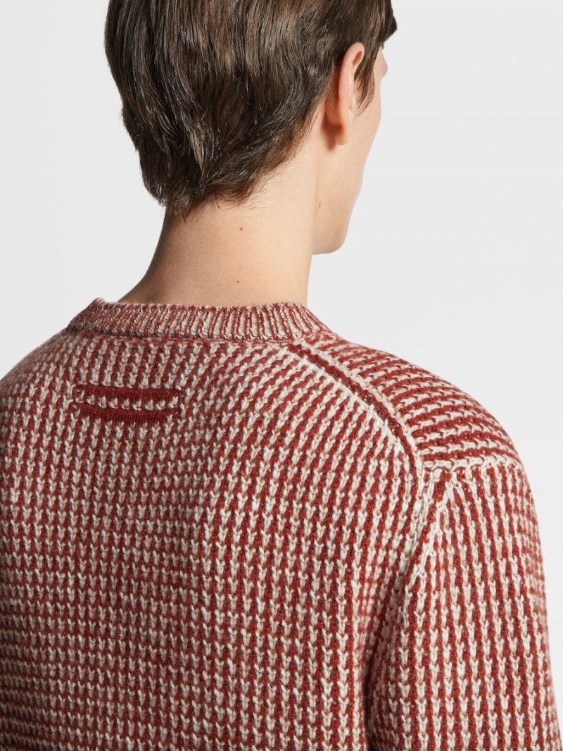 Dark Red / Light Grey Brown Zegna Oasi Cashmere Crewneck | JQZDAHS-59