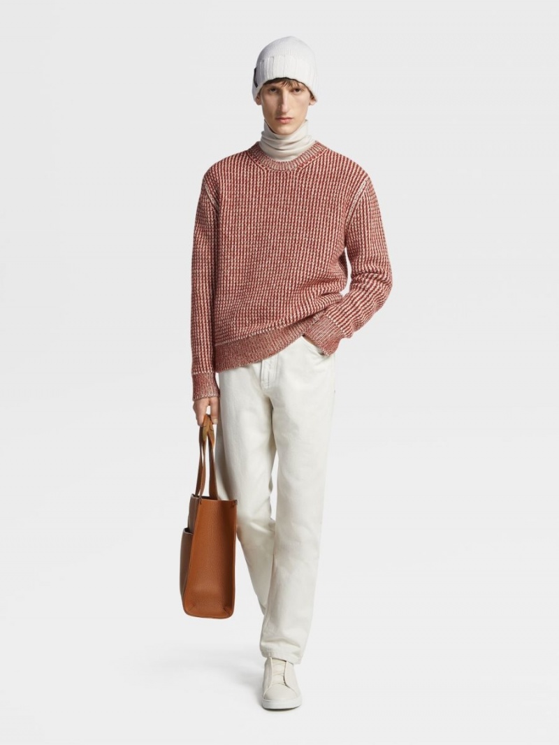 Dark Red / Light Grey Brown Zegna Oasi Cashmere Crewneck | JQZDAHS-59