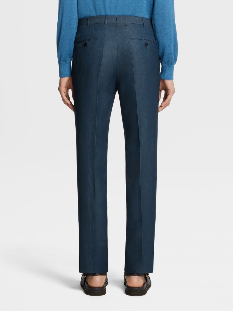 Dark Turquoise Blue Zegna Trofeo Summer Wool And Linen Pants | RTEMLUQ-10