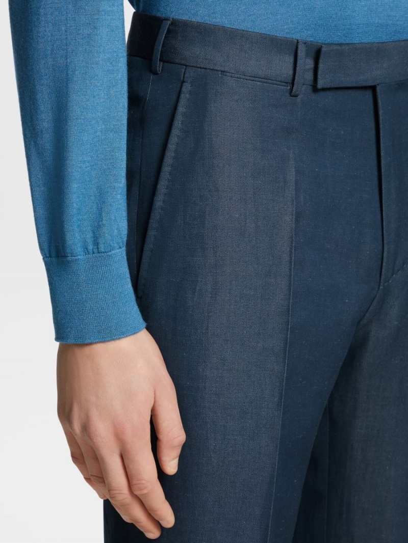 Dark Turquoise Blue Zegna Trofeo Summer Wool And Linen Pants | RTEMLUQ-10