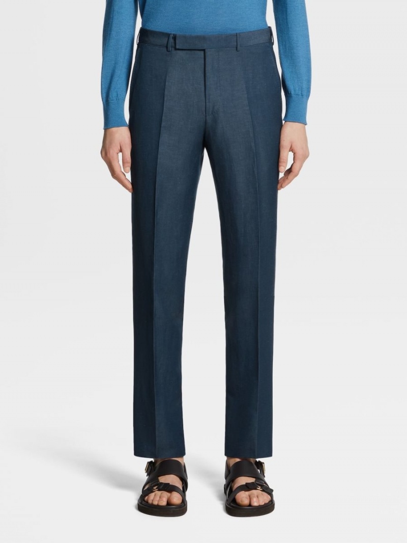 Dark Turquoise Blue Zegna Trofeo Summer Wool And Linen Pants | RTEMLUQ-10