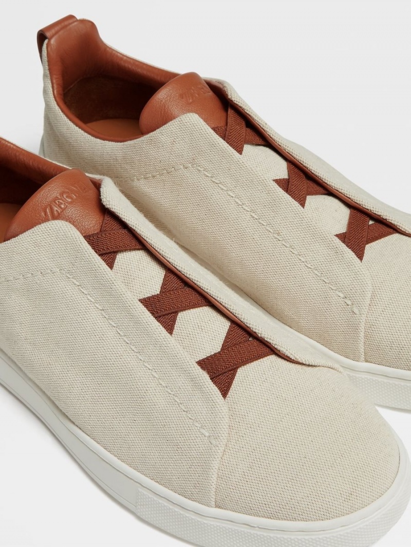 Light Beige Zegna Canvas Triple Stitch Low Top Sneakers | RTSYAGU-58