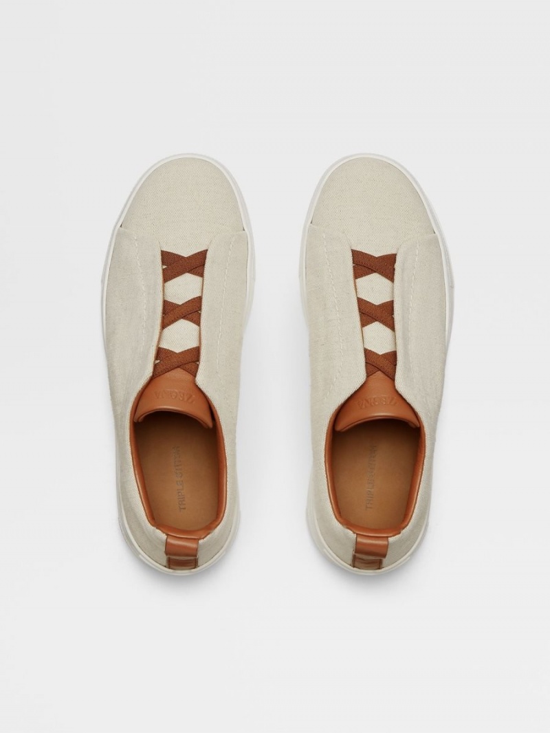 Light Beige Zegna Canvas Triple Stitch Low Top Sneakers | RTSYAGU-58