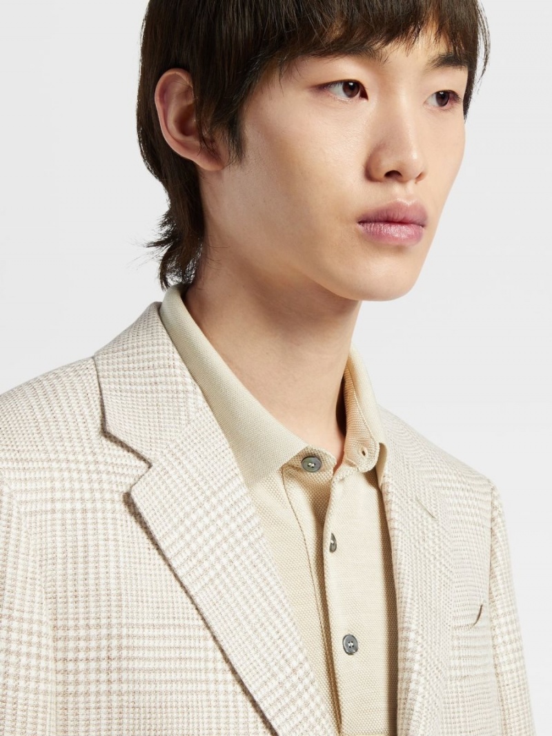 Light Beige / Beige Zegna Prince Of Wales Crossover Linen Wool And Silk Fairway Jacket | QYNPOZK-86