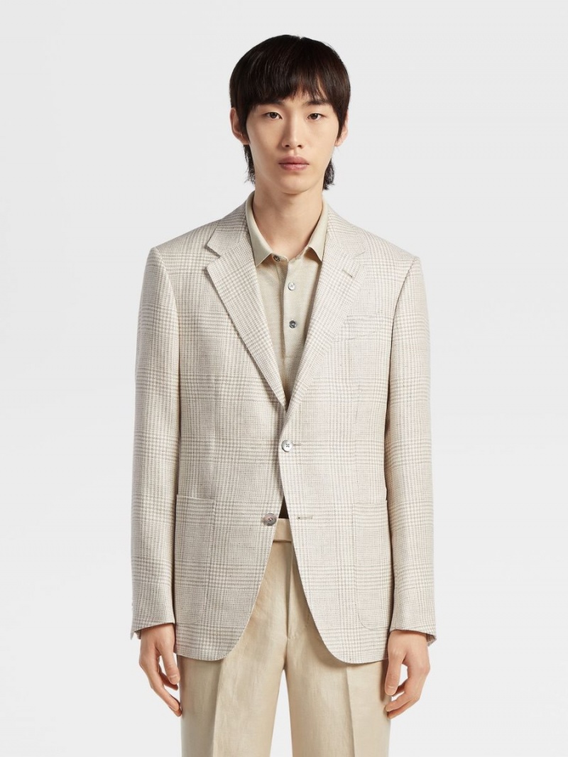 Light Beige / Beige Zegna Prince Of Wales Crossover Linen Wool And Silk Fairway Jacket | QYNPOZK-86